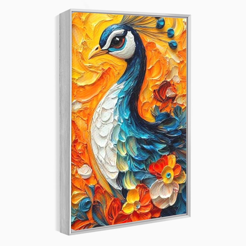 Tablou canvas cu tablou canvas cu paun pictat, in rama de aluminiu argintiu